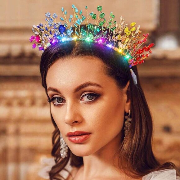Colorful Crystal Beaded Headband Crown with LED Lights for Women Festivals main image 4